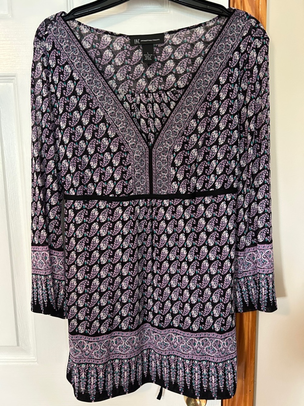 INC International Concepts Black and Lavender Patterned V-Neck Tunic